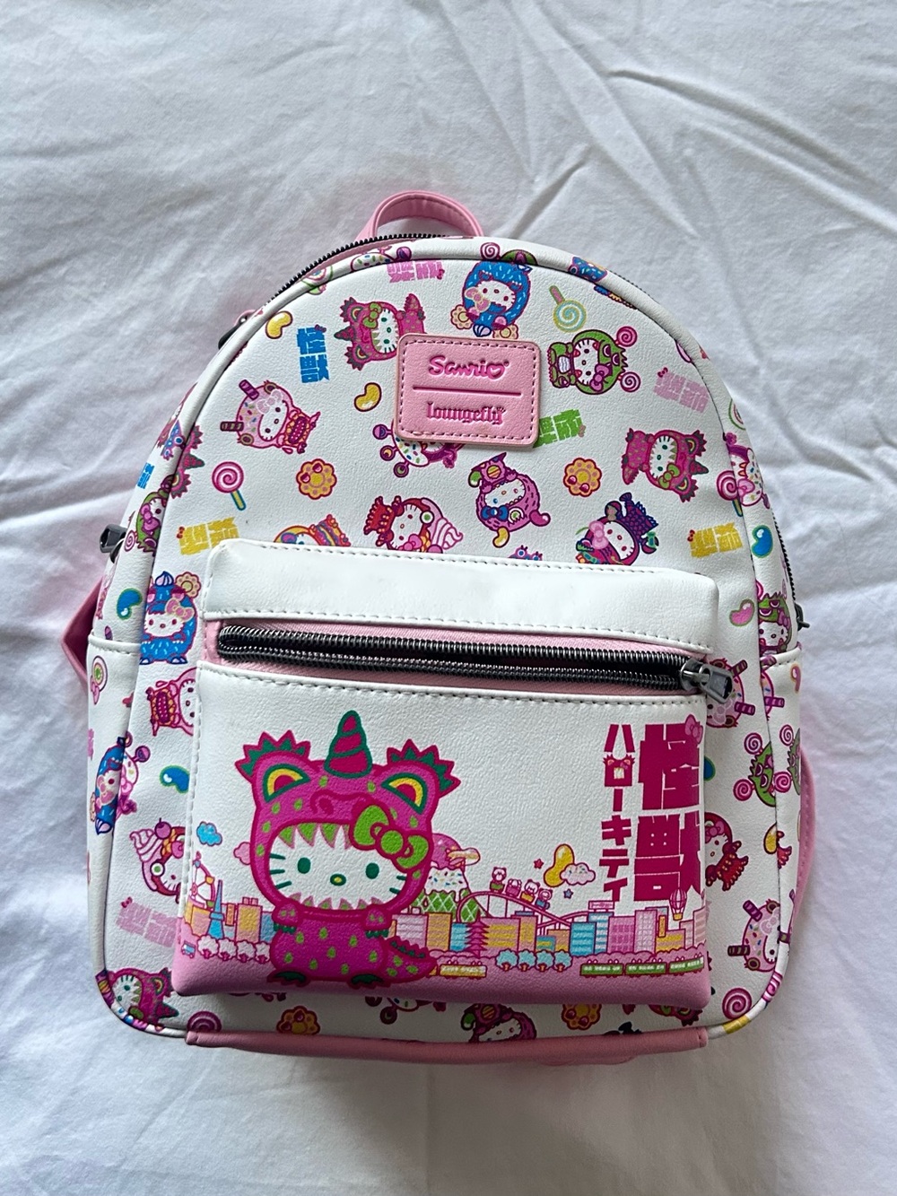Loungefly x Hello Kitty White and Pink Mini Backpack with Japanese Text